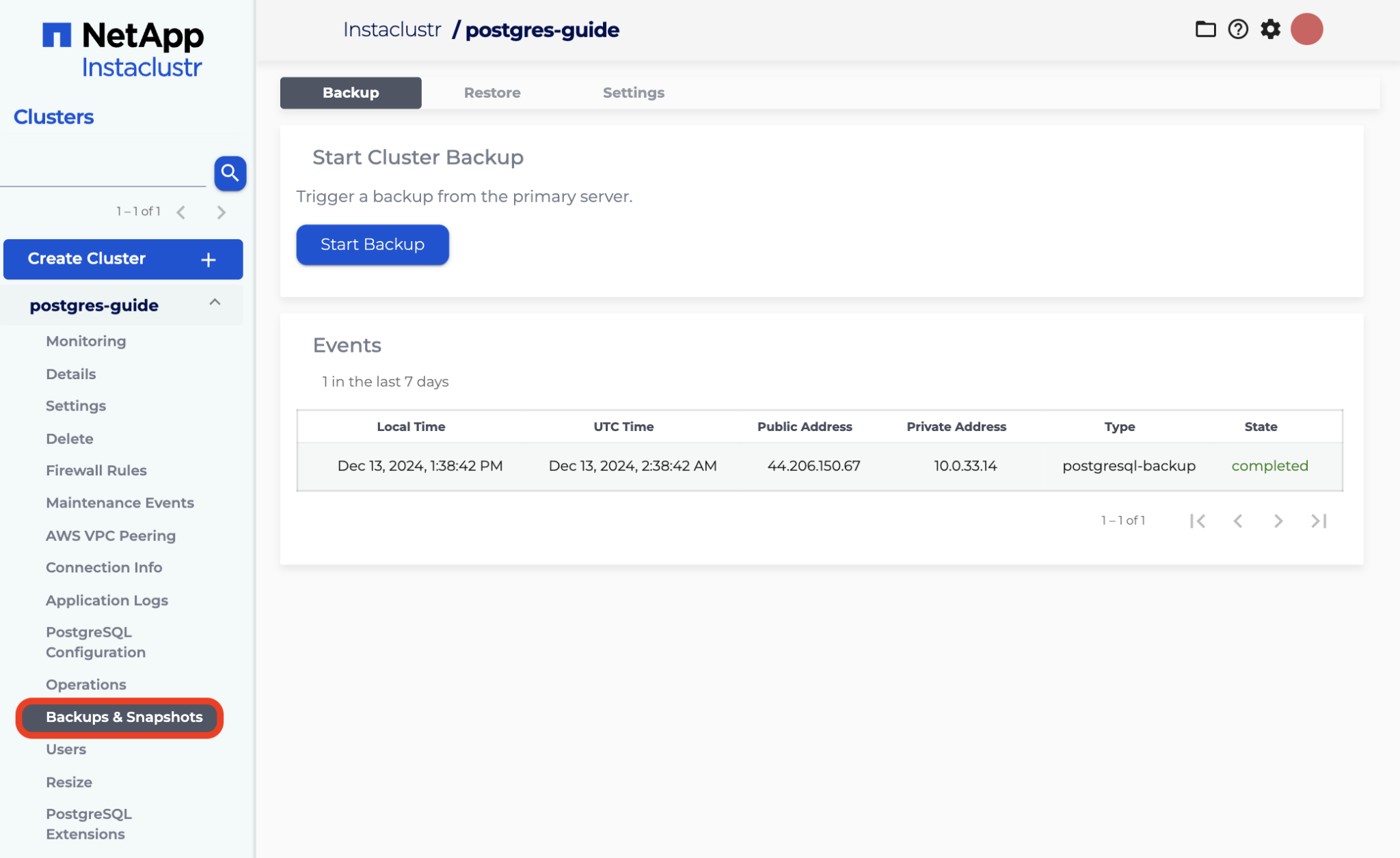 Press the Backups & Snapshots button for your cluster in the sidebar