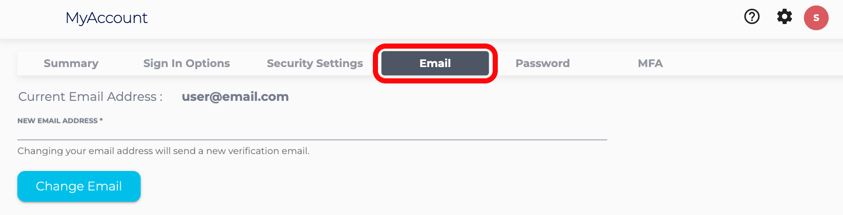 The Email tab is the location to change a user's email address.