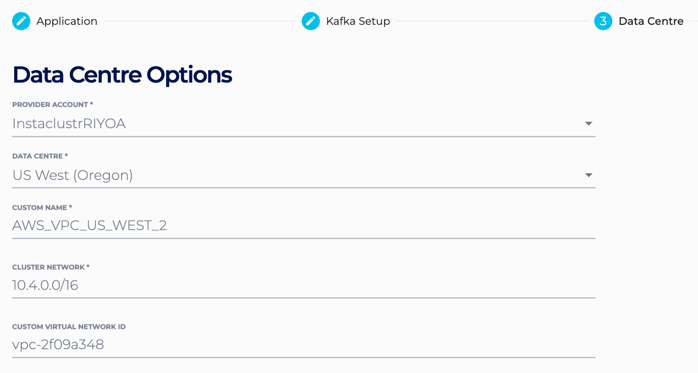 Fill in the text fields for the data centre options in order to create a Custom VPC