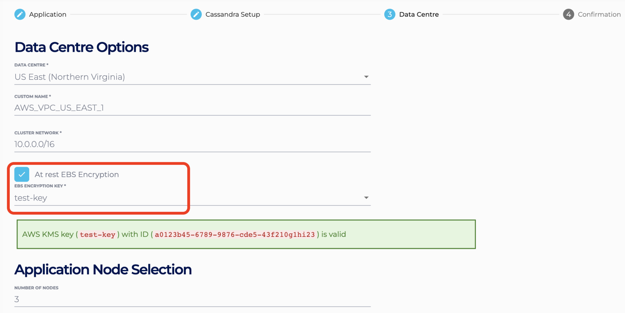 Add an EBS encryption key to the cluster by ticking the checkbox, and adding which key you want to use for this cluster.