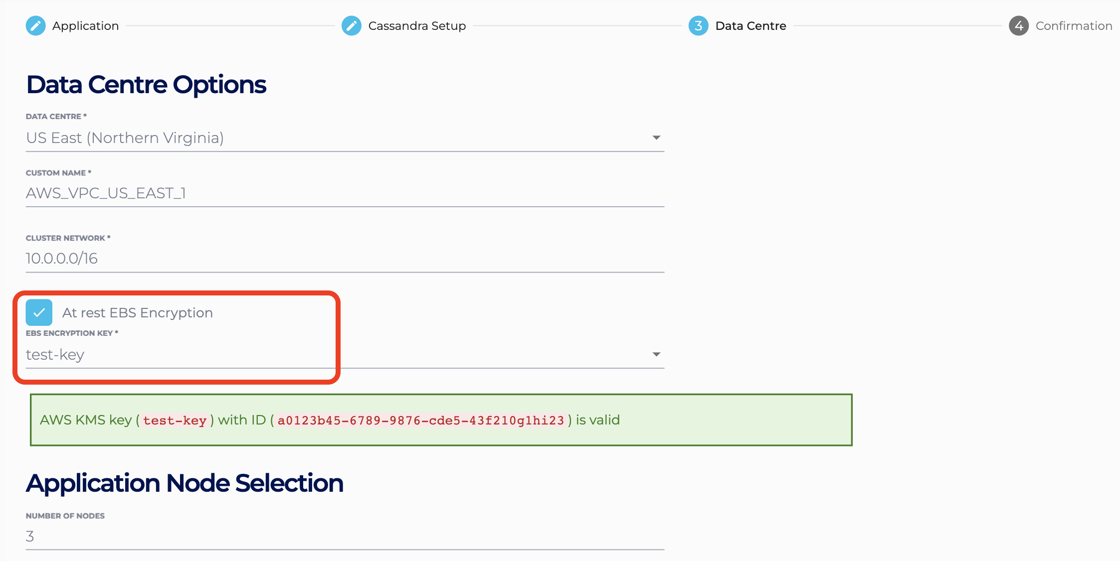 Add an EBS encryption key to the cluster by ticking the checkbox, and adding which key you want to use for this cluster.