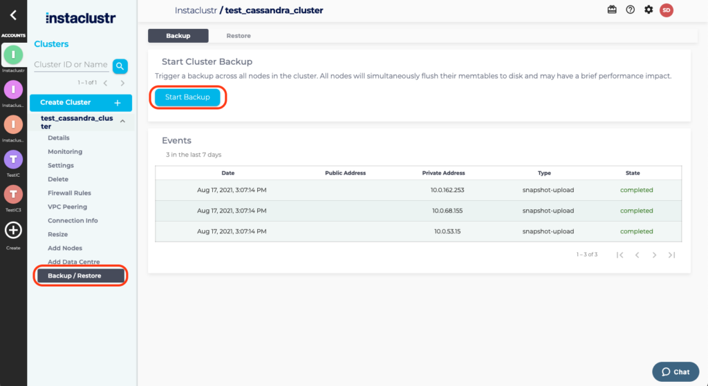 Screenshot showing how to start continuous backup