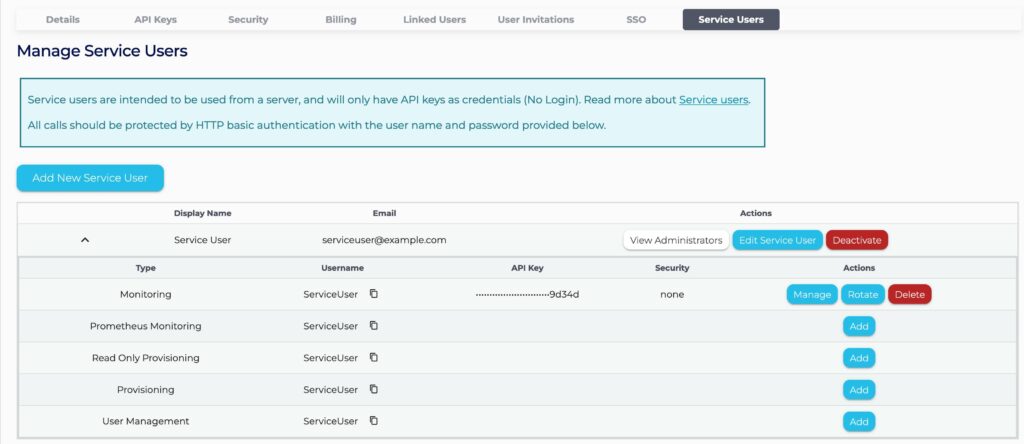 Manage service users page on the console showing API keys of a user.