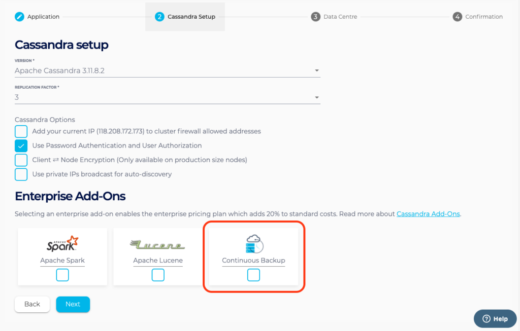 Screenshot showing the location of Continuous Backup