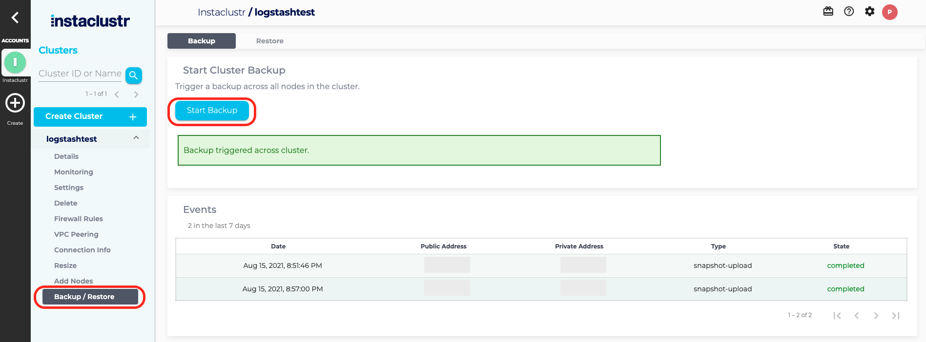 Screenshot: Elasticsearch Cluster Backup