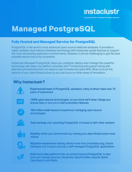 Instaclustr managed postgreSQL data sheet
