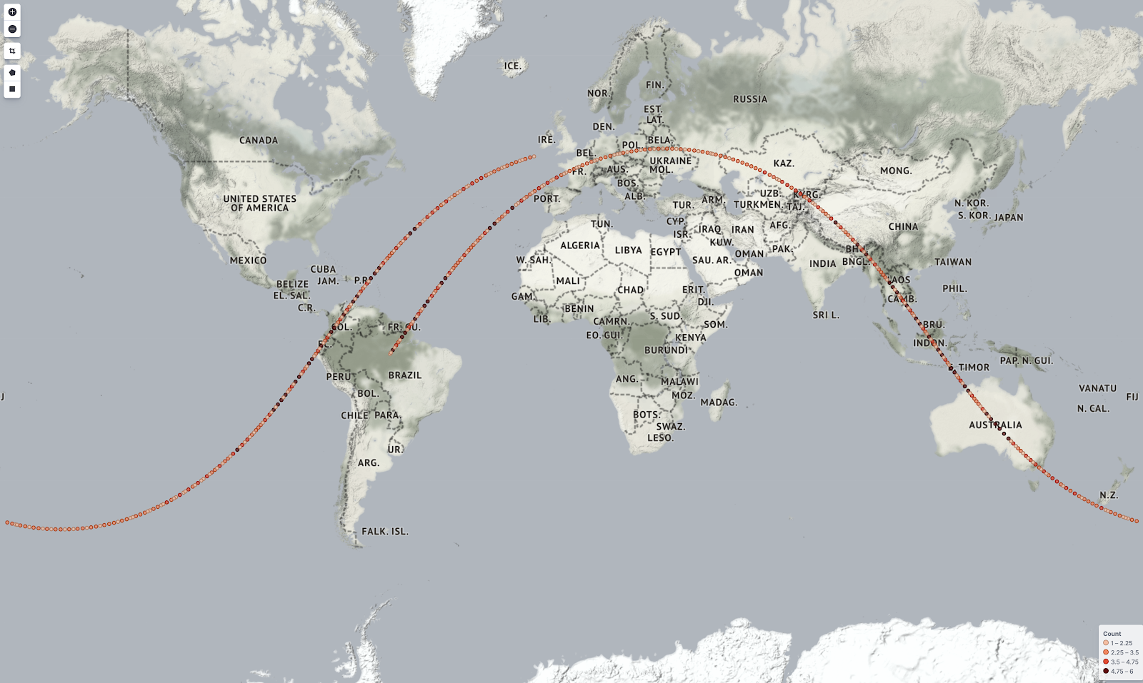 The path of the International Space Station - captured in real time using Filebeats and the Elasticsearch pipeline.