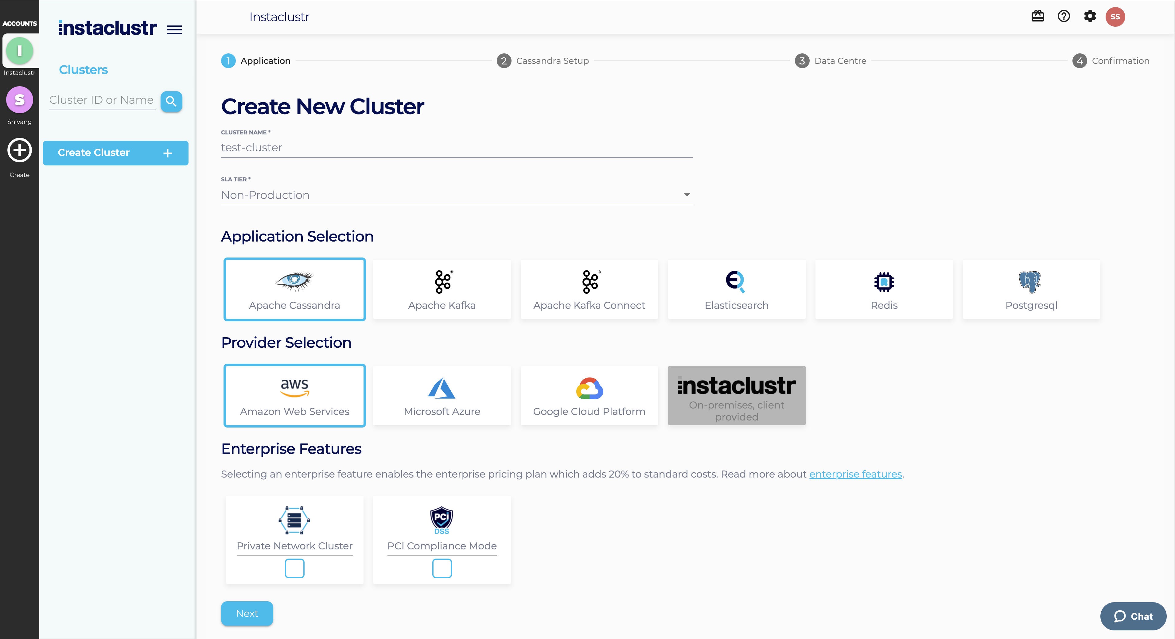 Screenshot: Create Cluster Application
