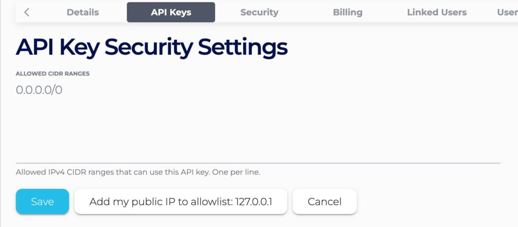 Manage API key settings page showing the allowlist