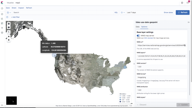 Kibana visualisation, along with added map layers from a USA-centric view
