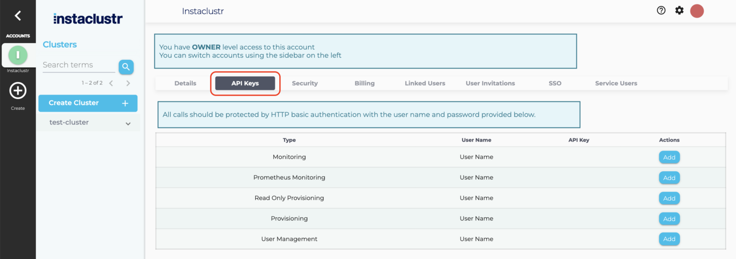 API Keys - Instaclustr