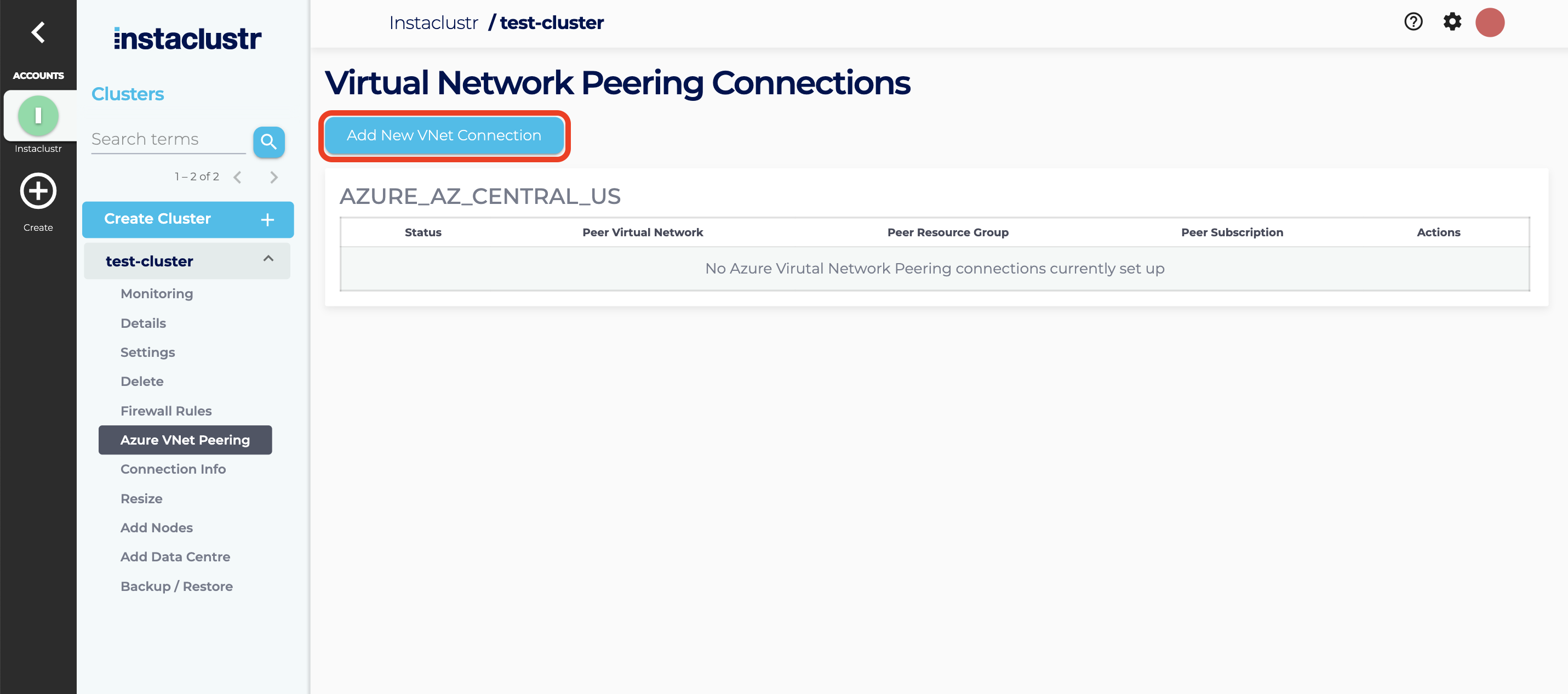 Select the button to create a new VNet connection.