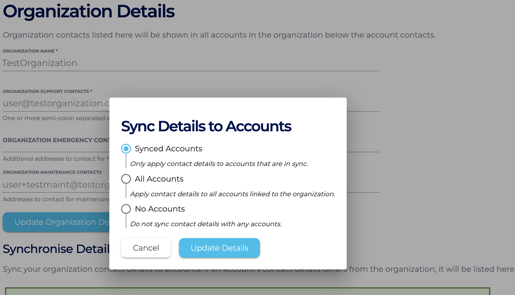 A popup with options to sync details to synced accounts, all accounts or no accounts by selecting a radio button and then pressing the Update Details button