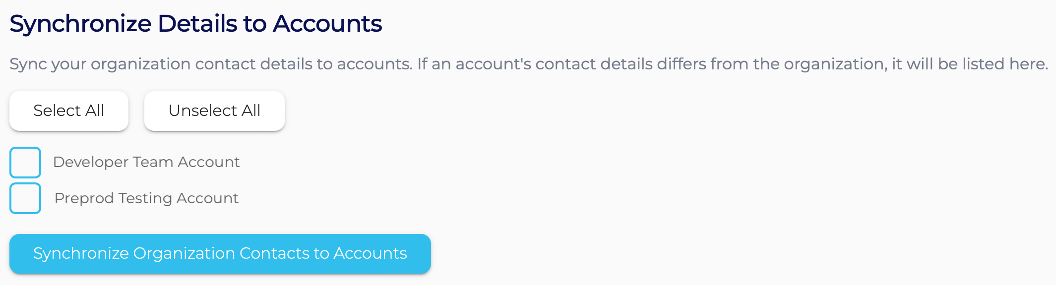 Select individual accounts or select all accounts to synchronize details with