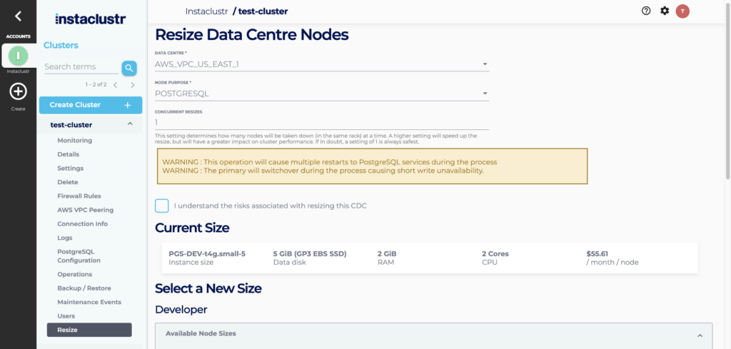 Settings for the resizing of a PostgreSQL cluster