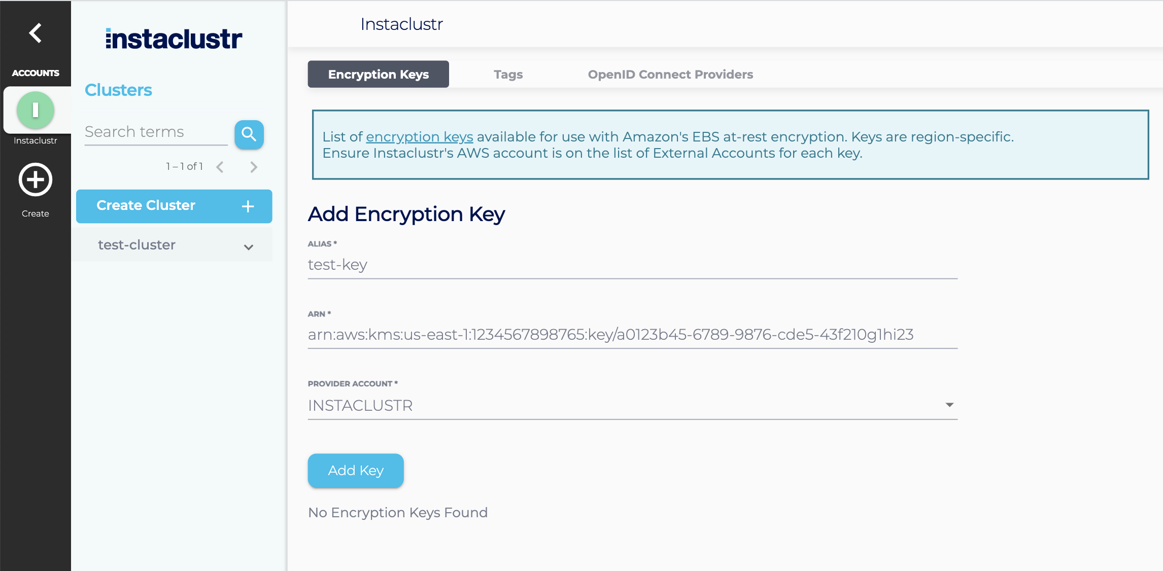 Fill the text fields to add an encryption key onto the Instaclustr console
