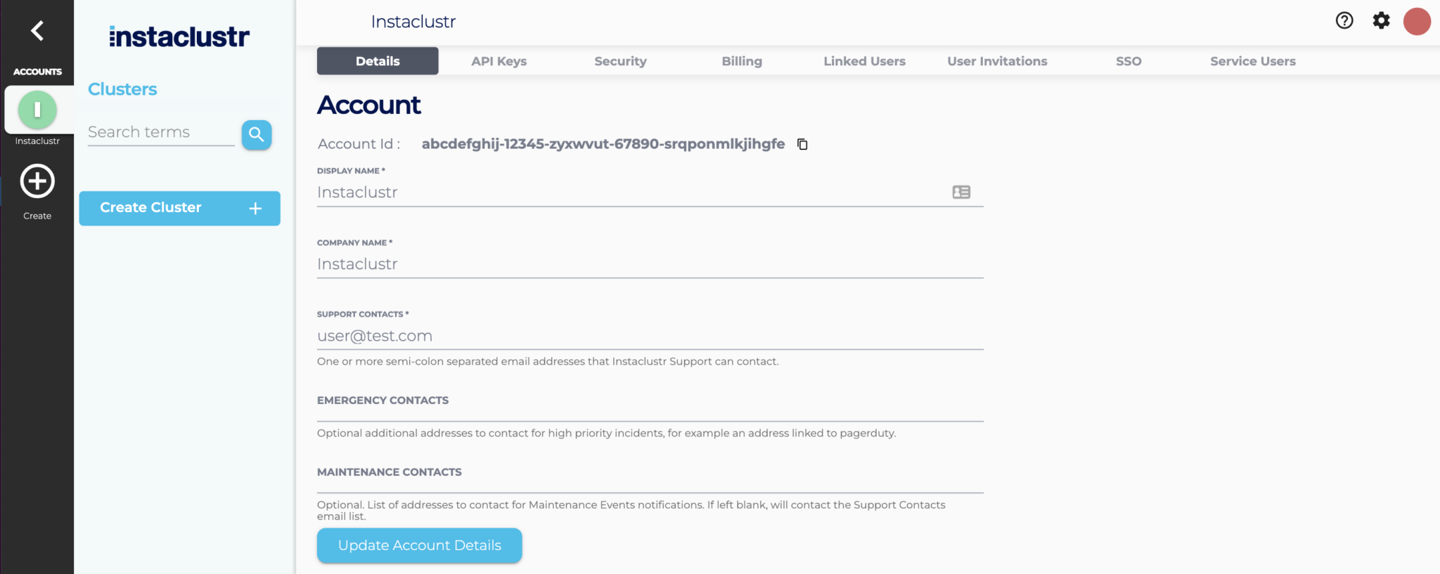 Update your account details on this screen by adding your information to the displayed fields, like the support contacts field, the emergency contacts field or the maintenance contacts field. Pressing the Update Account Details button will save your updated account details