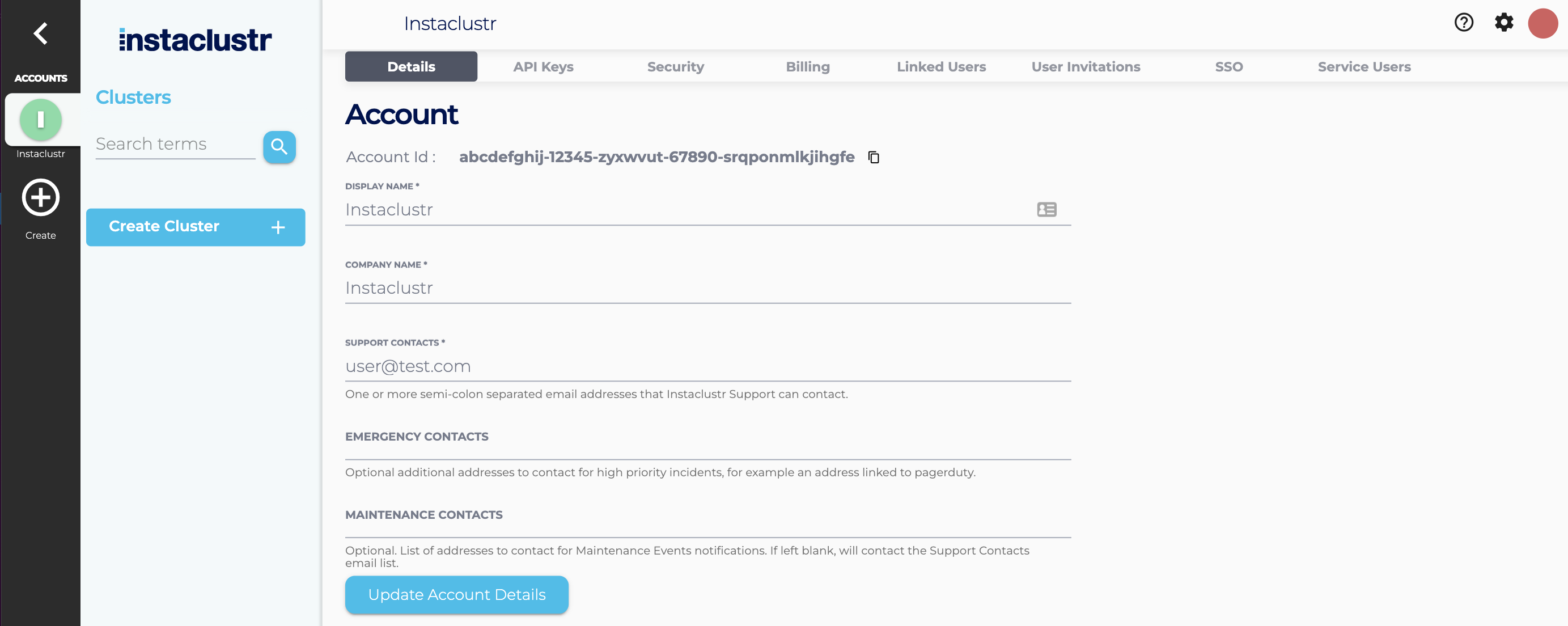 Update your account details on this screen by adding your information to the displayed fields, like the support contacts field, the emergency contacts field or the maintenance contacts field. Pressing the Update Account Details button will save your updated account details