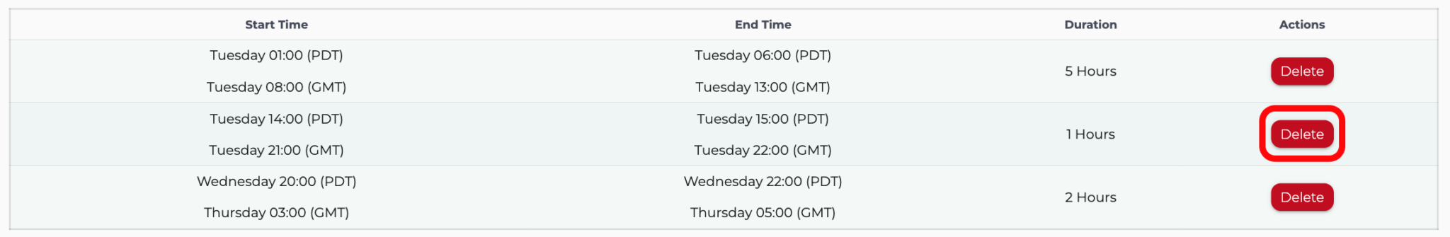 Delete an exclusion event by pressing the delete button in the specific table row
