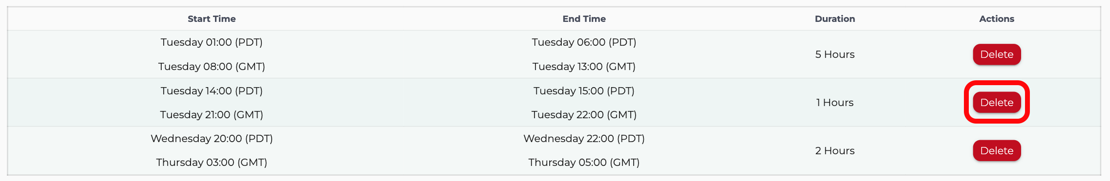 Delete an exclusion event by pressing the delete button in the specific table row