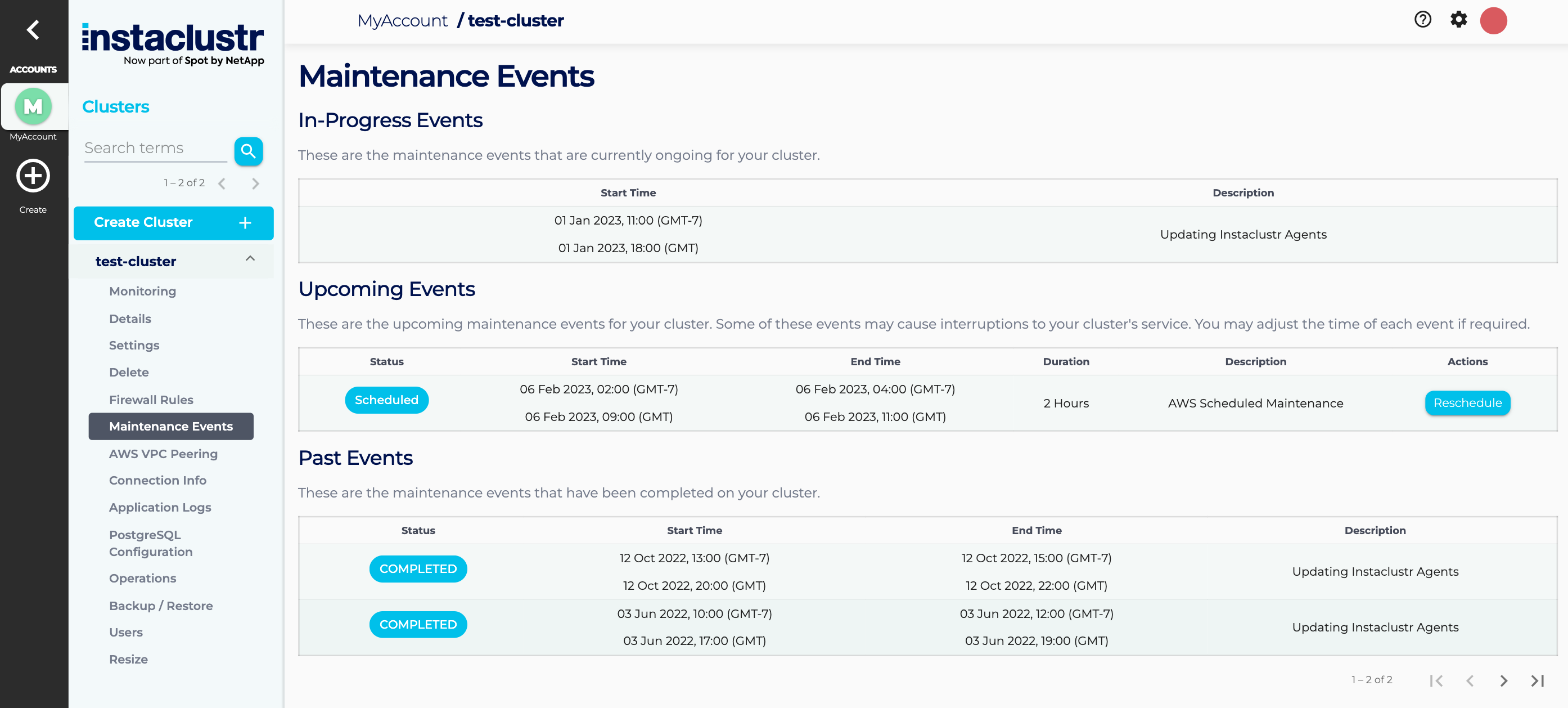 The cluster's maintenance events are listed in tables.  table for each of In-Progress events, Upcoming Events and Past Events. Details shown include start and finish times and a description of the maintenance