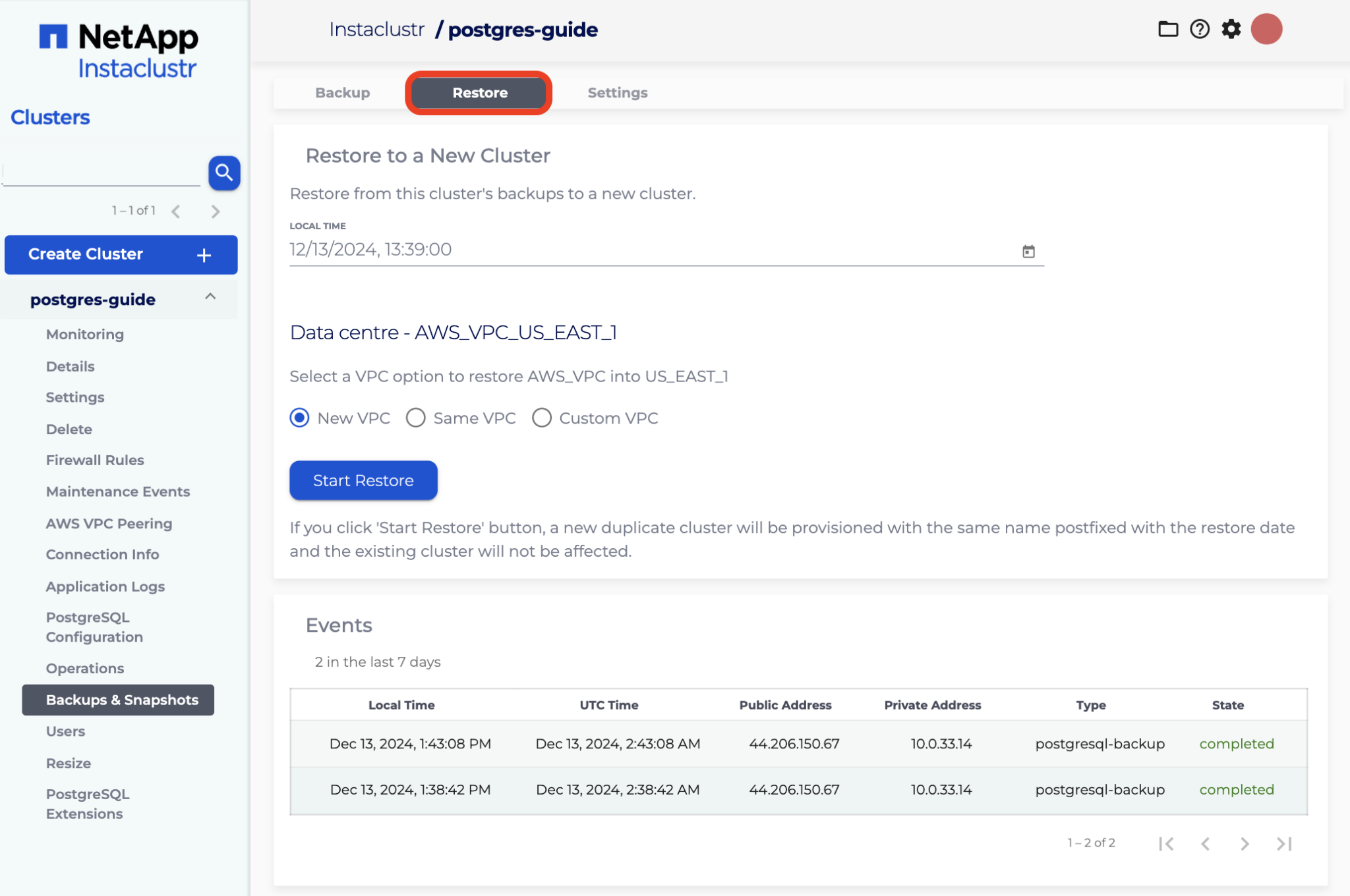 Choose the Restore tab