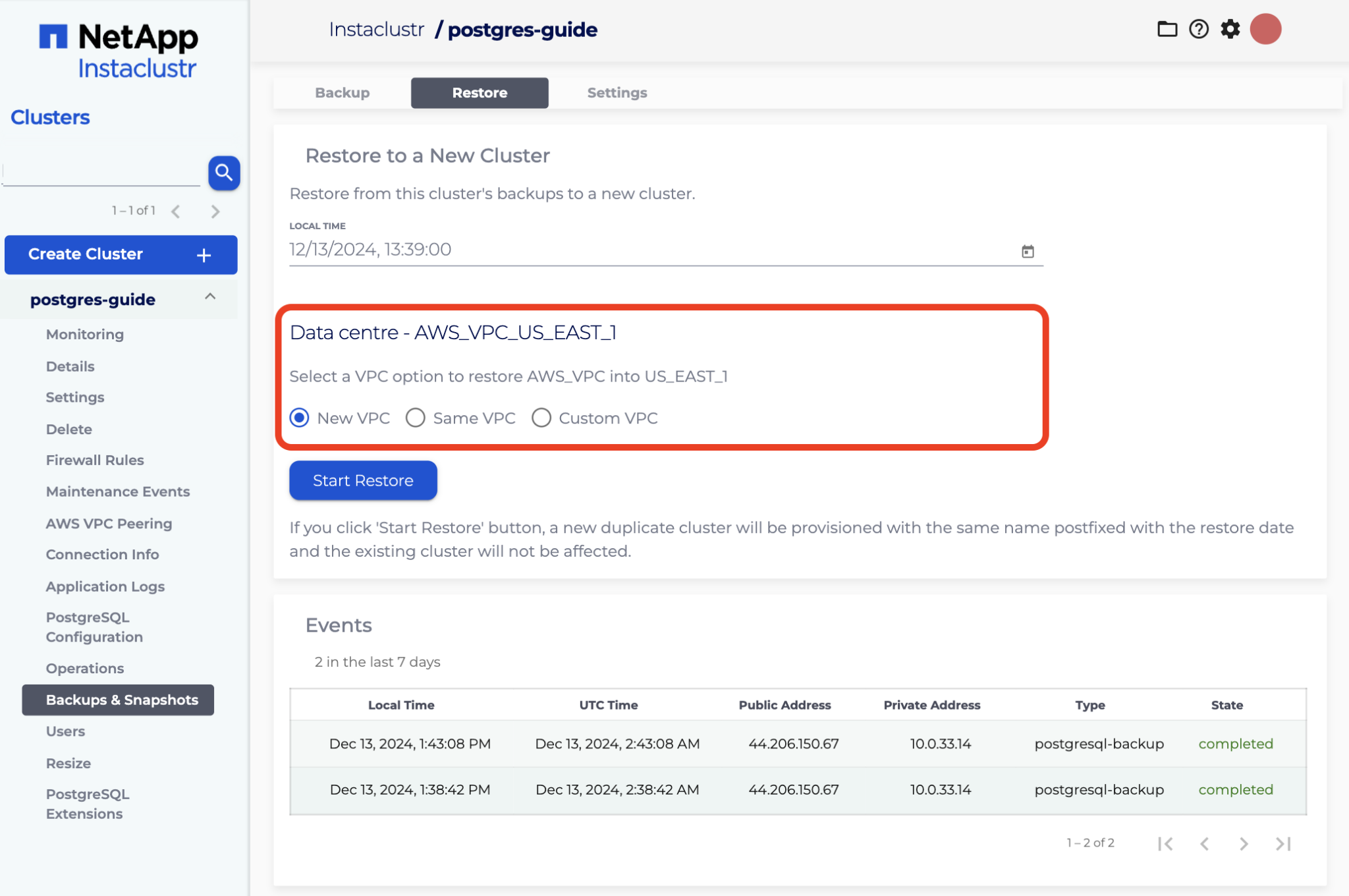 Use the radio buttons to choose between the VPC options for your restored cluster
