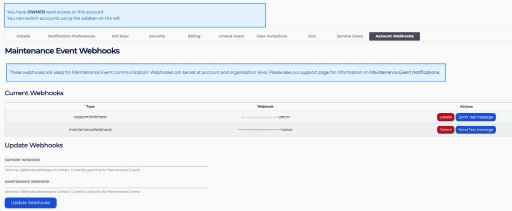 Go to the Account Webhooks tab to manage the Webhooks for this account