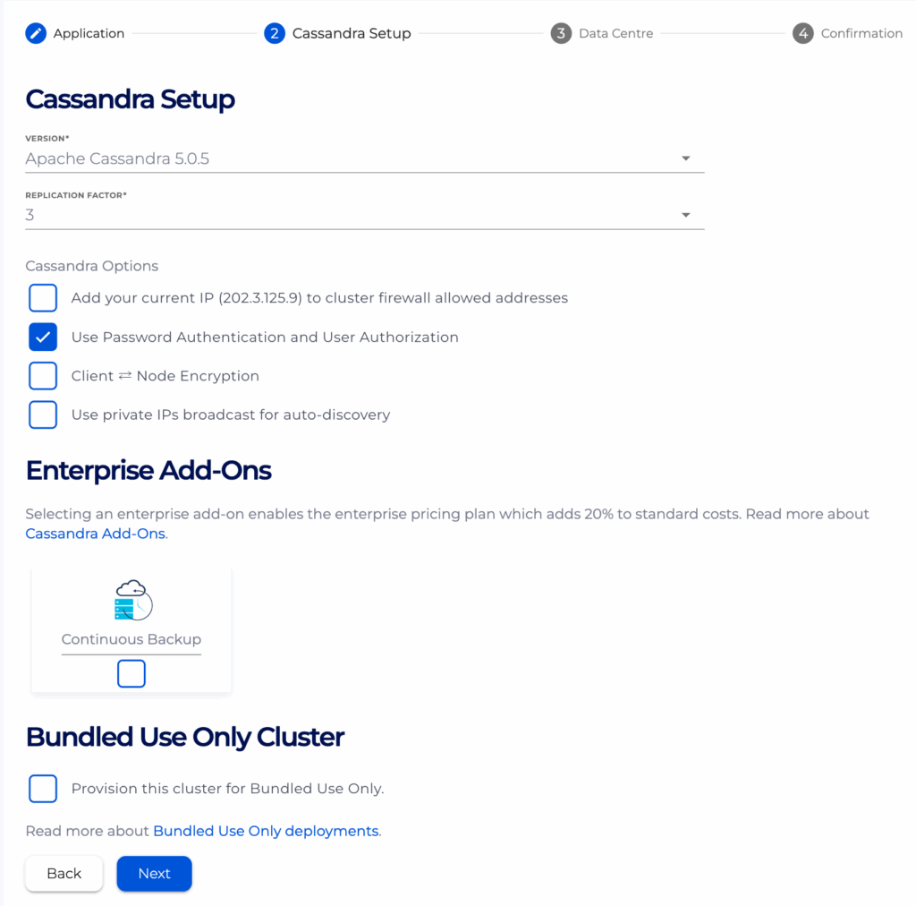 Select any options on the Cassandra Setup page when creating your new cluster