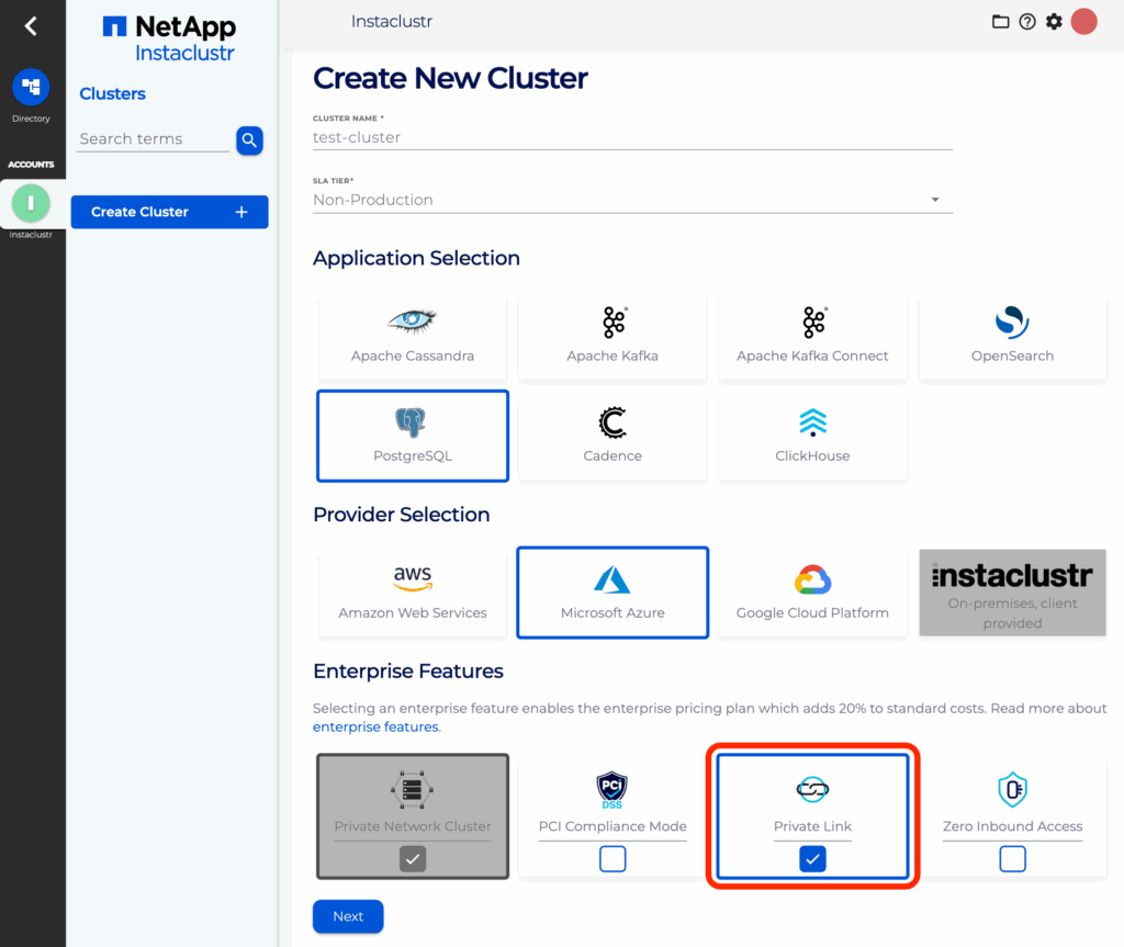 Select PostgreSQl, Azure, and Private Link. Then press the Next button
