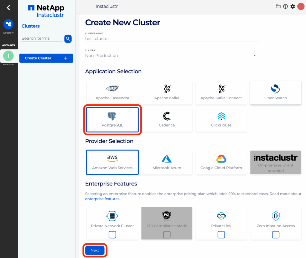 Select PostgreSQL, then press the Next button