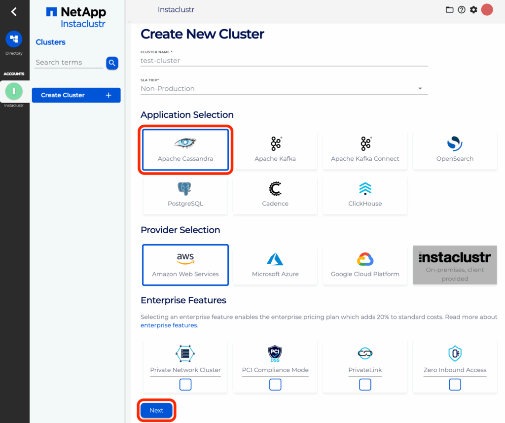 Select Cassandra on the Create New Cluster page. Then press the Next button.