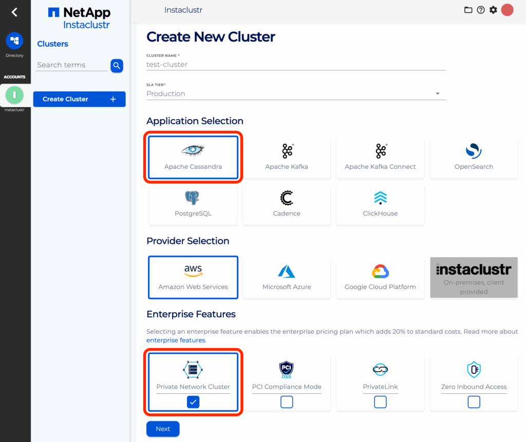 Select Apache Cassandra. Then select the Private Network Cluster setting. Then press the Next button.