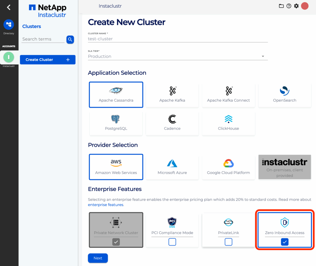 Select Zero Inbound Access from the Enterprise Features section on the Create New Cluster page.