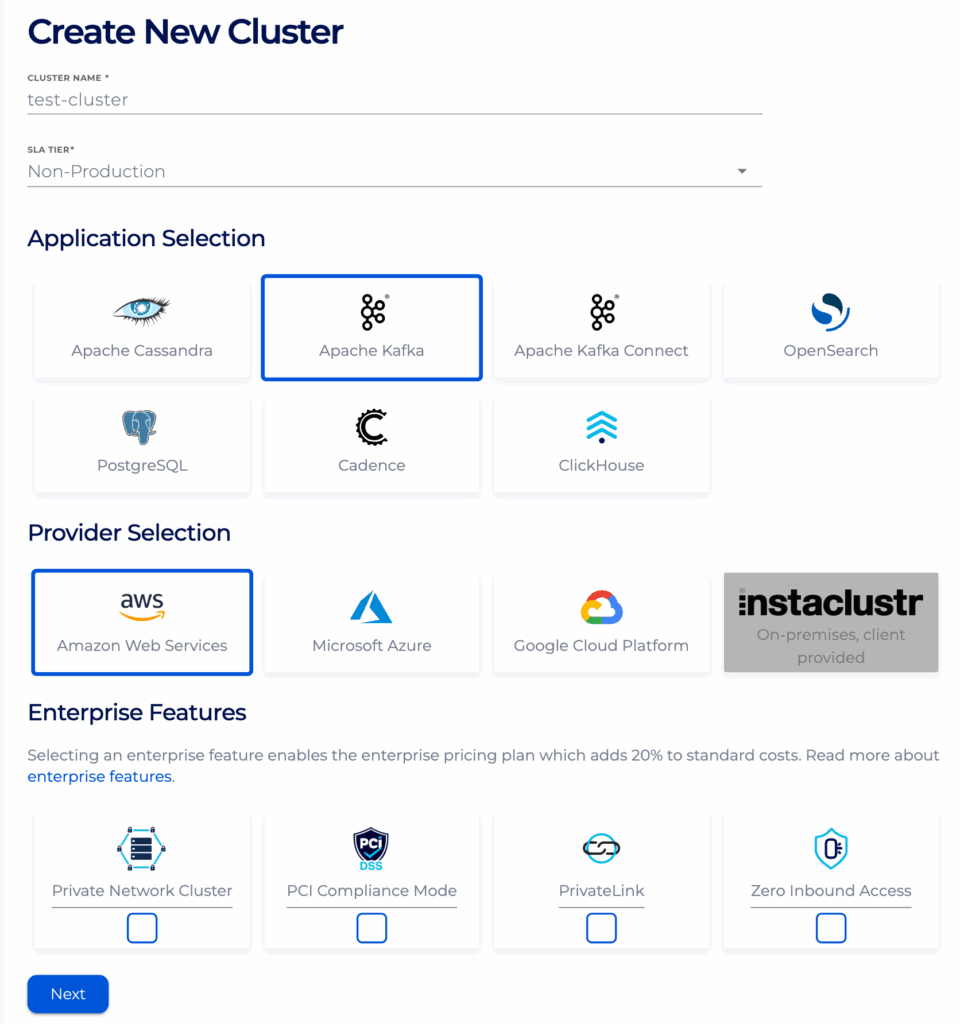 Select Apache Kafka in the Application Section of the Create New Cluster page