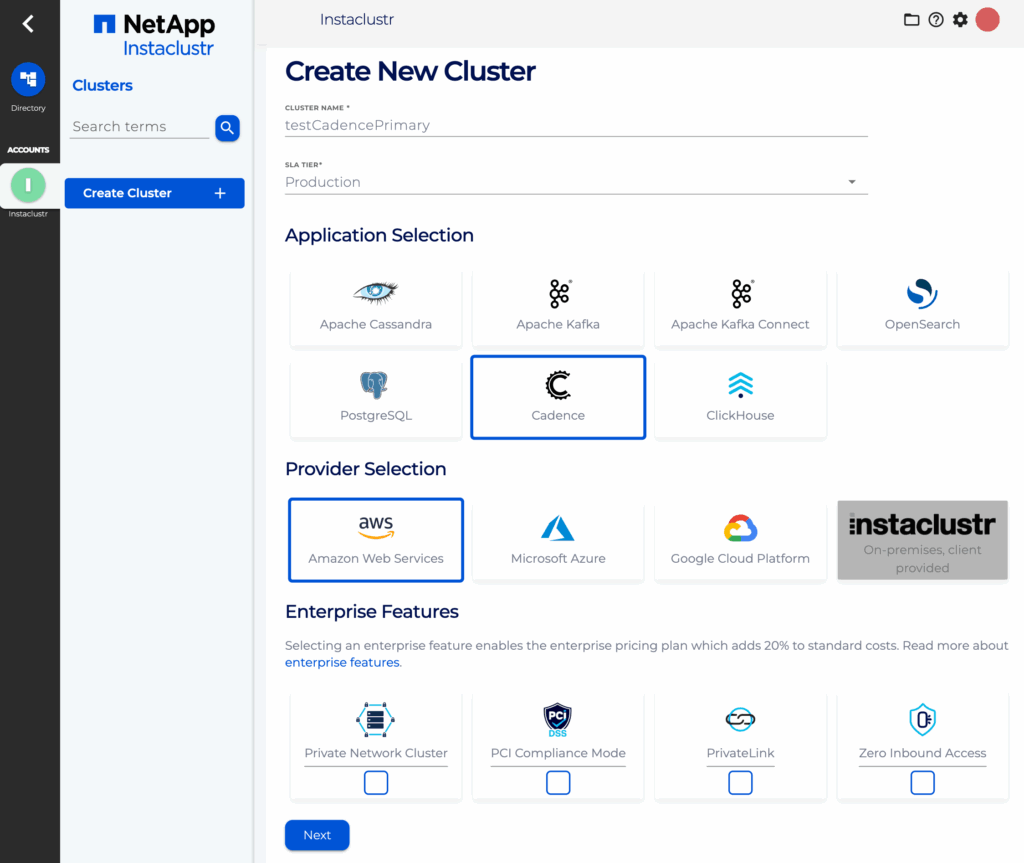 Create a primary Cadence cluster.