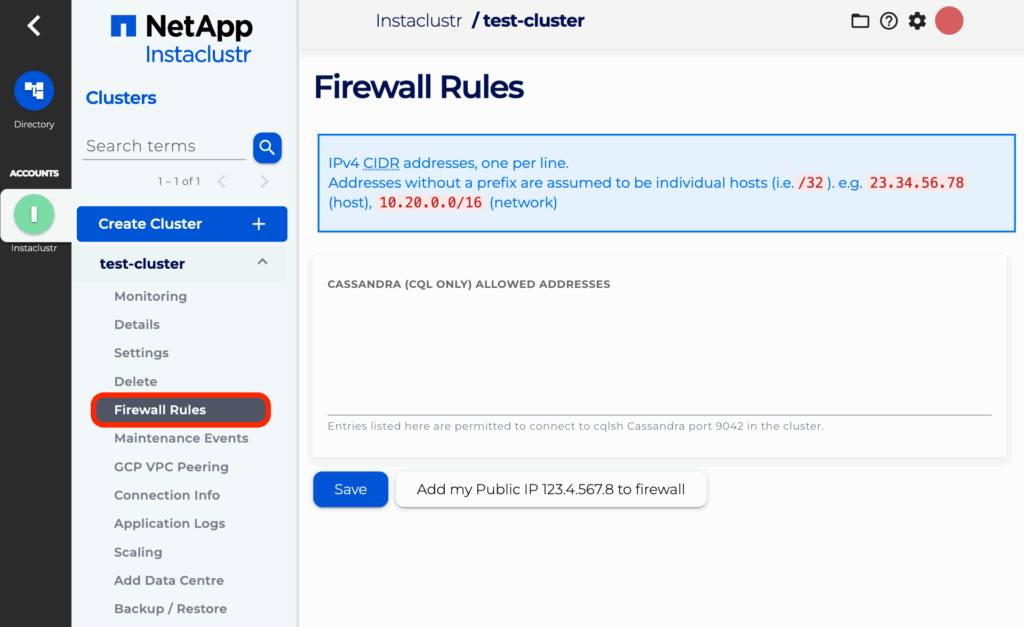 Add the IP to the Firewall Rules page for your cluster.