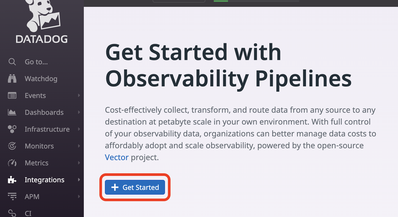 Press the button to Get Started with Observability Pipelines
