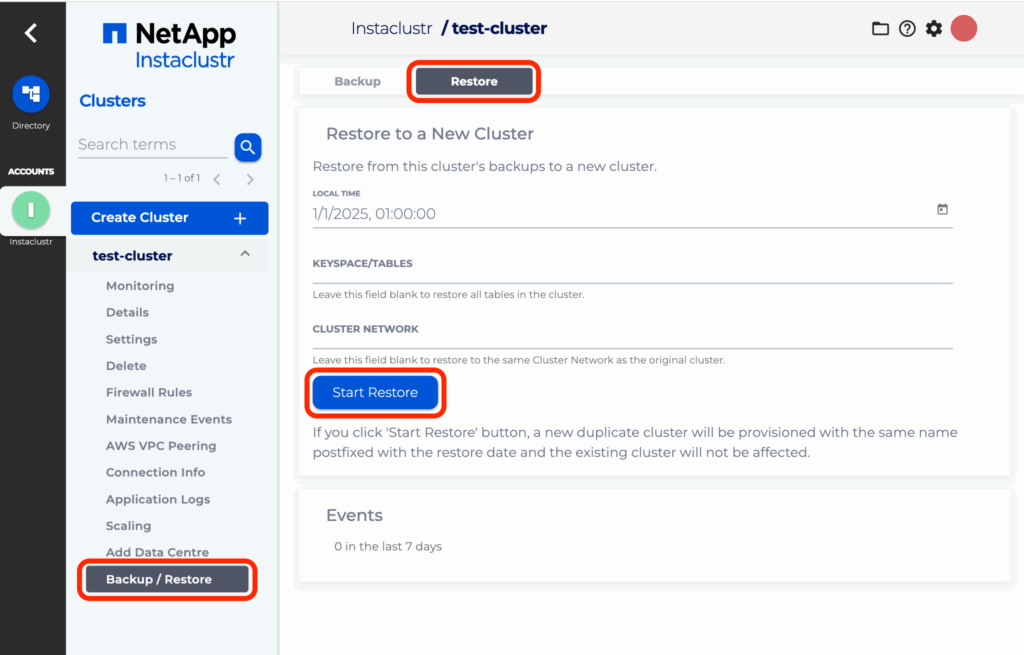 In the Backup / Restore tab of your cluster. Then go to the Restore tab. Fill any information about your new cluster that you want, or just leave the text fields blank to get the default. Then press the Start Restore button