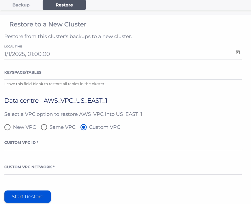 Selecting the Custom VPC option when restoring a RIYOA cluster, requires the following 2 fields to be filled: Custom VPC ID and Custom VPC Network.