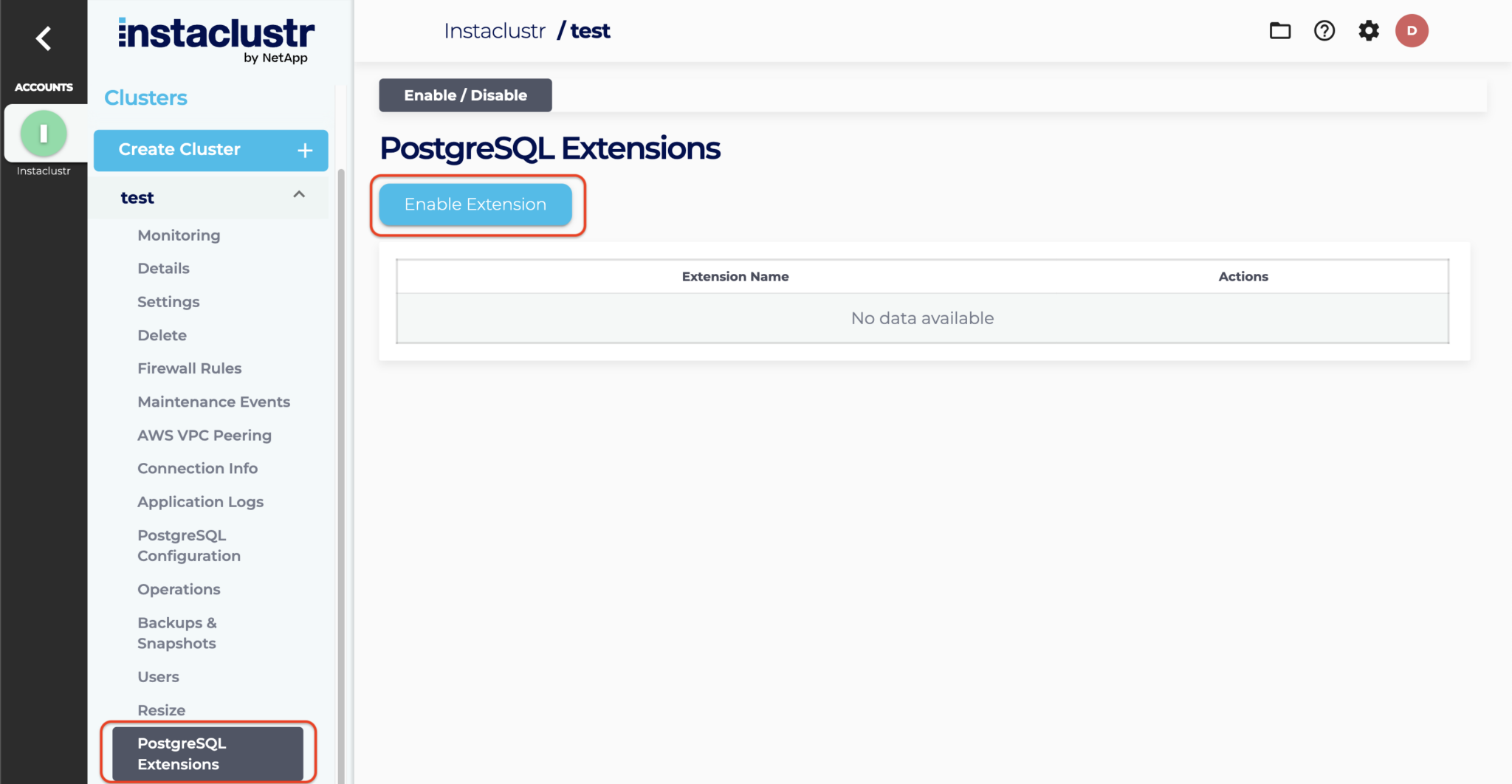 Enable or disable a PostgreSQL extension - Instaclustr