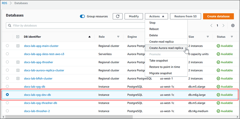Amazon Aurora PostgreSQL screenshot