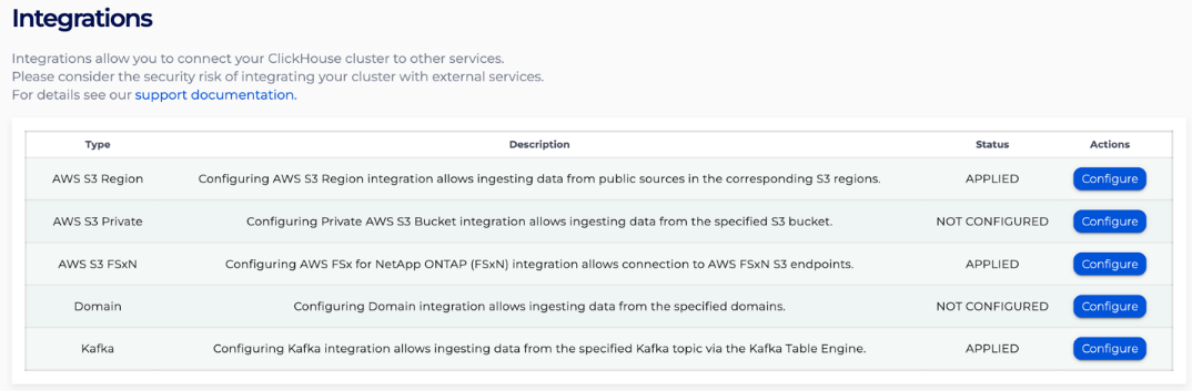 clickhouse integration options screenshot