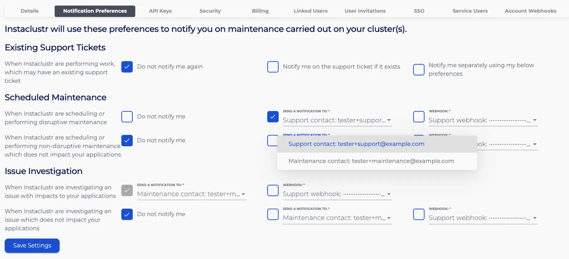 NetApp Instaclustr Console notification preferences panel