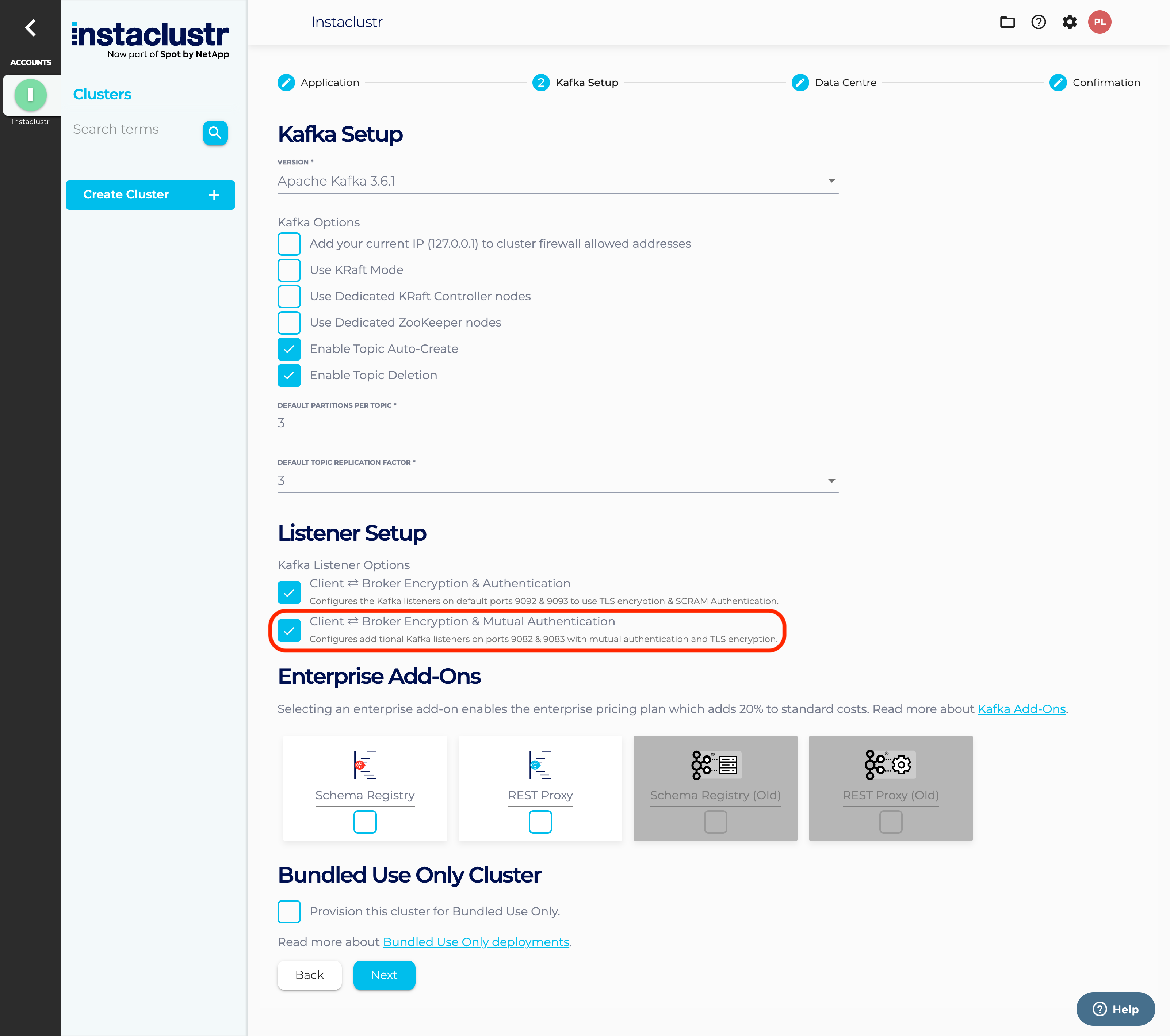 Tick the Client ⇄ Broker Encryption & Mutual Authentication checkbox when creating your cluster in order to have mTLS enabled