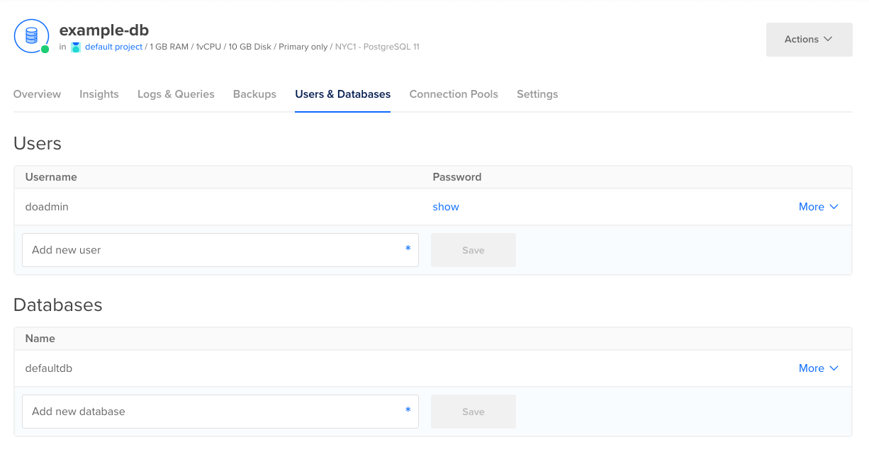 DigitalOcean Managed Databases screenshot