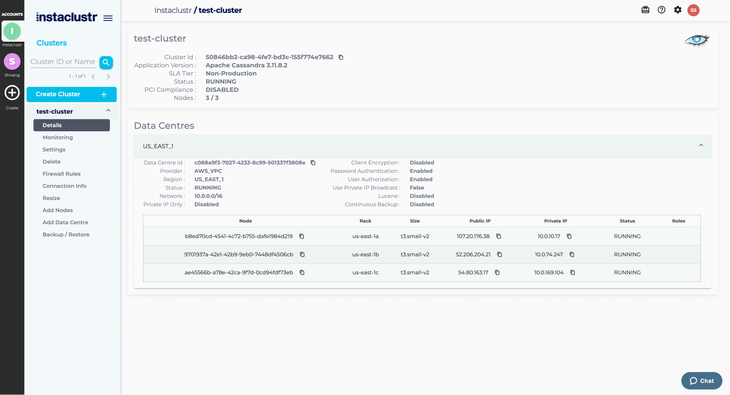 NetApp Instaclustr test cluster screenshot