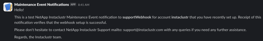 The Slack channel will have the Maintenance Event Notifications app send a test message.